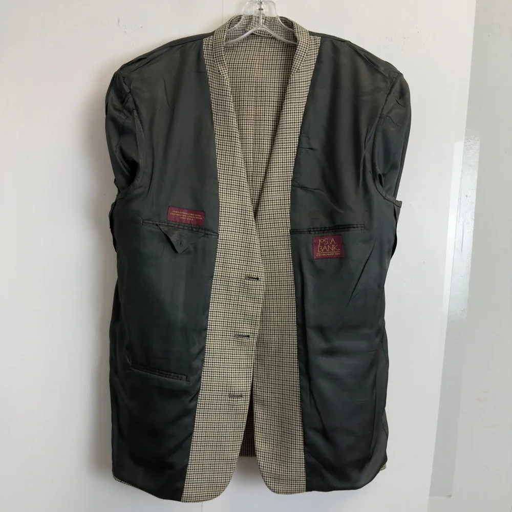 Jos. A. Bank Mens 42R Houndstooth Sport Coat Blazer Tan‎ Black Wool Blend Jacket